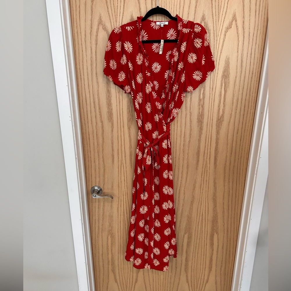 Madewell Red Floral Wrap Midi Dress with Cream Daisy Print